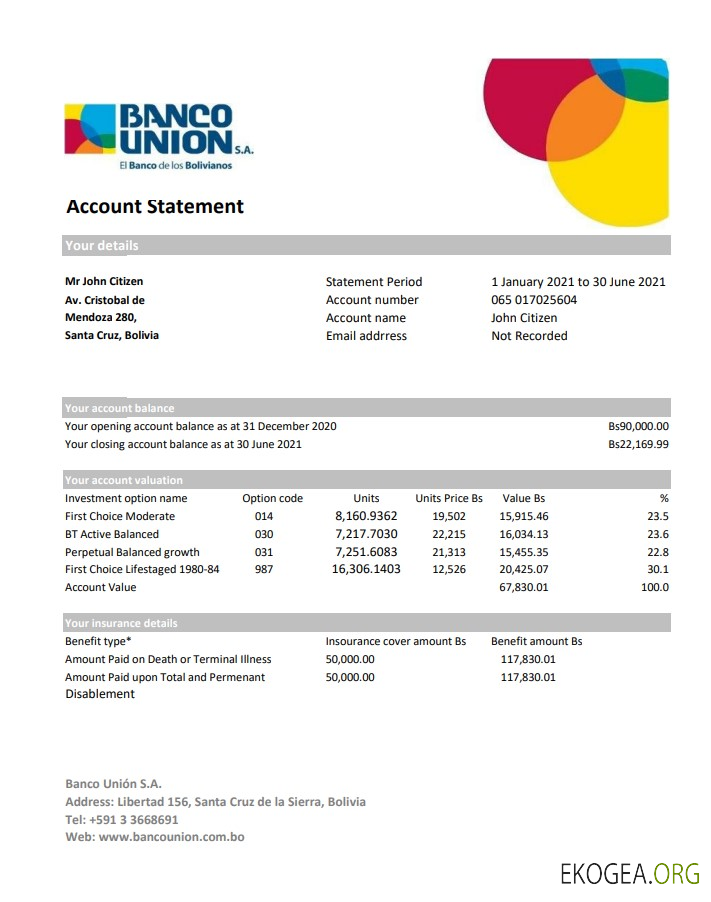 Relevé bancaire Bolivie Banco Union modèle facile à remplir au format Excel et PDF (AutoSum)